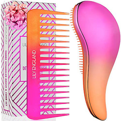 Picture of Detangler Brush and Comb Set - Detangling Hairbrush for Women and Kids Detangling Hairbrush for Wet or Dry, Fine, Curly, Thick, Afro Hair by Lily England - Ombre (Pink Orange)