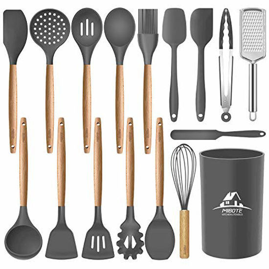 Picture of Mibote 17 Pcs Silicone Cooking Kitchen Utensils Set with Holder, Wooden Handles Silicone Turner Tongs Spatula Spoon Kitchen Gadgets Utensil Set for Nonstick Cookware (Grey)