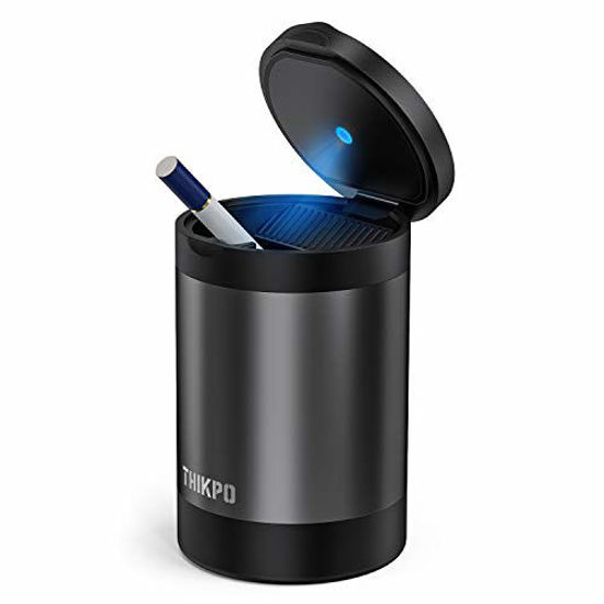 Picture of THIKPO Car Ashtray with Lid, Portable Ashtray for Car, Mini Car Trash Can, Detachable Stainless Steel Smokeless Ash Tray with LED Blue Light, Windproof for Outdoor Travel, Home Use (Misted Gray)