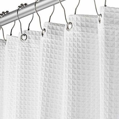 Picture of Fabric White Shower Curtain for Bathroom - Spa, Hotel Luxury Matt Waffle Weave Square Design, Water Repellent, 230 GSM Weighty Cloth, 72" x 72" for Decorative Bathroom Curtains