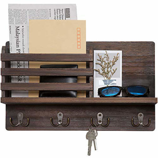 Picture of Dahey Wall Mounted Mail Holder Wooden Key Holder Rack Mail Sorter Organizer with 4 Double Key Hooks and A Floating Shelf Rustic Home Decor for Entryway or Mudroom,15.8" W x9.5 "Hx2.7 "D, Brown