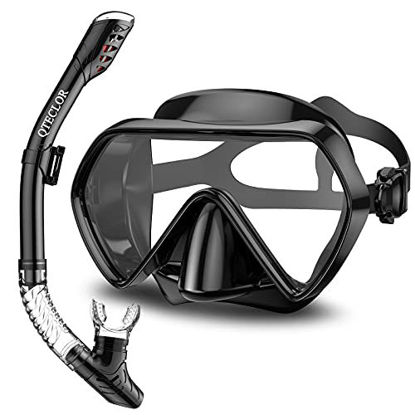 Picture of Snorkel Mask Set Snorkeling Gear - Dry Snorkel Set and Mask Kids Adults Anti Fog 180 Degree Seaview with Mesh Bag, Scuba Diving Swimming Training Equipment Youth Junior Men Womens (Black, Adults)