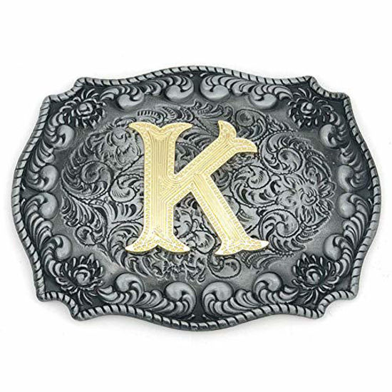 Picture of Western Belt Buckle Initial Letters ABCDEFG to Y-Cowboy Rodeo Silver Large Belt Buckle for Men and Women (K) Upgrade