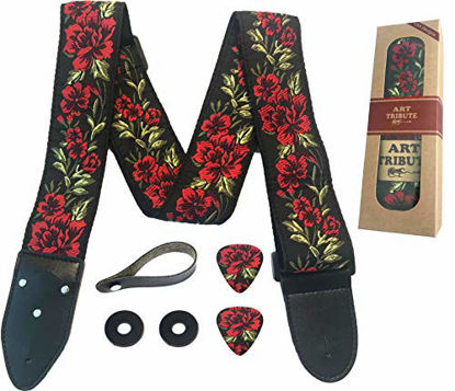 Picture of Guitar Strap Cotton Rose Flower W/FREE BONUS [2021 NEW] - 2 Picks + Strap Locks + Strap Button. For Bass, Electric & Acoustic Guitars Stocking Stuffer. an Awesome Gift for Men & Women Guitarists