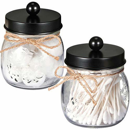 Picture of SheeChung Apothecary Jars Set,Mason Jar Decor Bathroom Vanity Storage Organizer Canister,Premium Glass Qtip Holder Dispenser for Cotton Swabs,Ball-Stainless Steel Lid (Black, 2-Pack)-Patent Pending