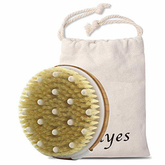 Picture of Ithyes Body Brush Dry Brushing Bath Brush Gentle Skin Exfoliate Massage Scrub 100% Nature Boar Bristles Bamboo Wood Improve Blood Circulation Wet & Dry Smooth Fresh Treatment,with Canvas Bag