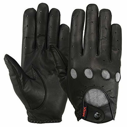 Picture of Mens Driving Gloves Basic Soft Goat Leather Fingerless Breathable Biker Motorcycle Riding Cycling Shooting Button Gloves Full Finger, Black (Medium)