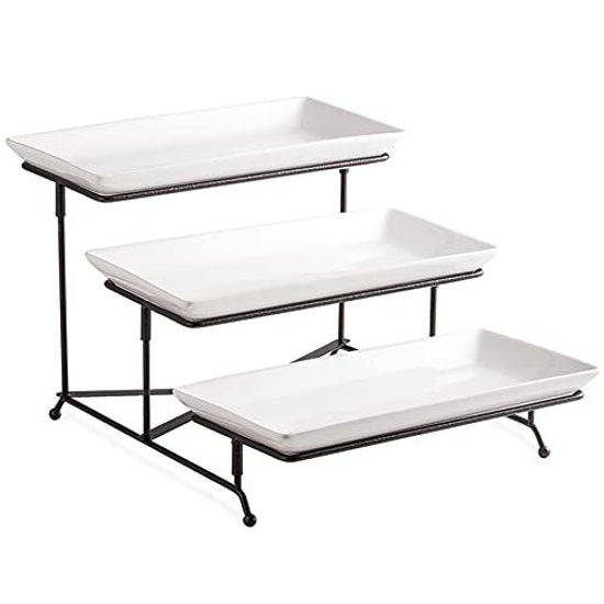 Picture of LAUCHUH 3 Tier Serving Stand Collapsible Sturdier Rack with 3 Porcelain Serving Platters Tier Serving Trays for Fruit Dessert Presentation Party Display Set