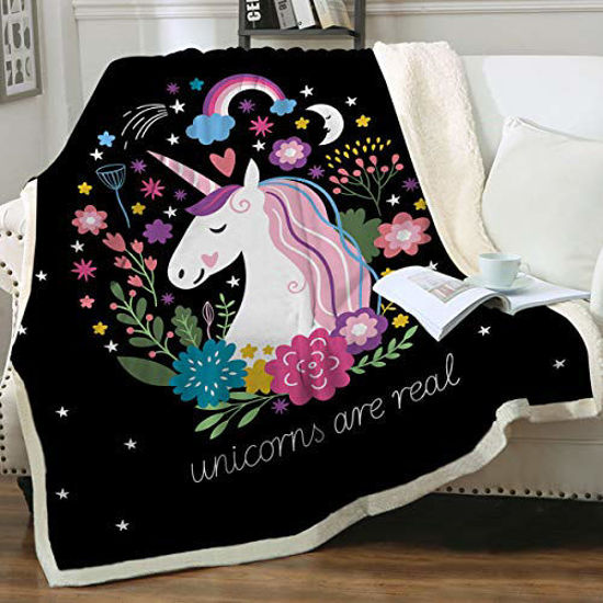 Picture of Sleepwish Unicorn Blanket Twin Size Cute Unicorn Sherpa Bed Blanket Girls Black Pink Soft Cartoon Unicorn Flowers Fleece Blanket Unicorn Gifts for Adult Women (60"x80")