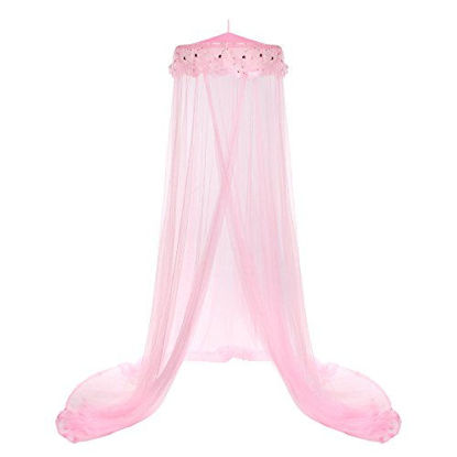 Picture of Jeteventy Bed Canopy, Bed Curtain for Single to King Size Canopy Curtains for Baby Kids Adult Round Lace Dome Quick Easy Installation for Bedroom Decoration, Camping (Pink)