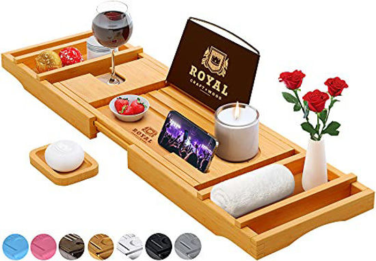 Picture of Luxury Bathtub Caddy Tray, 1 or 2 Person Bath and Bed Tray, Bath Tub Table Caddy with Extending Sides - Free Soap Dish (Natural)