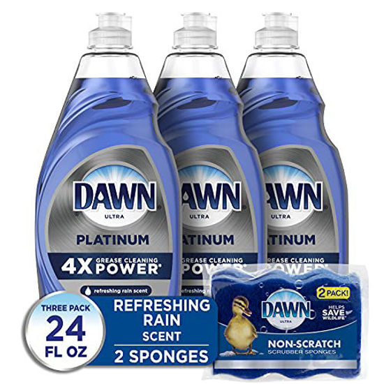 Picture of Dawn Dish Soap Platinum Dishwashing Liquid + Non-Scratch Sponges for Dishes, Refreshing Rain Scent, Includes 3x24oz + 2 Sponges (Packaging May Vary)