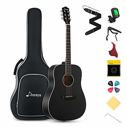 Picture of Donner Black Acoustic Guitar for Beginner Adult Full Size Dreadnought Acustica Guitarra Starter Bundle Kit with Gig Bag Strap Tuner Capo Pickguard String 4 Picks Cloth, Right Hand 41 Inch, DAG-1B
