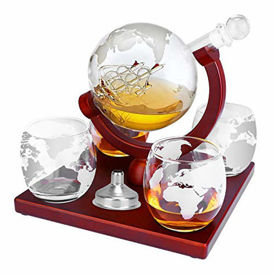 Picture of TeqHome Whiskey Decanter Set, Globe Wine Decanter with 4 Etched Glasses, Decanter Sets with Stainless Steel Funnel, for Liquor, Scotch, Bourbon, 1000ml