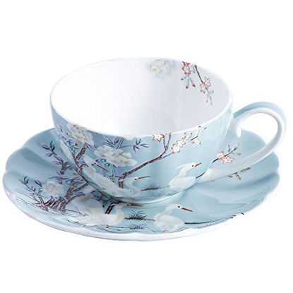 Picture of ufengke 8oz Blue Fine Bone China Coffee Cup with Saucer,Colored Flowers,White Crane Porcelain Tea Cup and Saucer