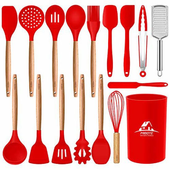 Picture of Mibote 17 Pcs Silicone Cooking Kitchen Utensils Set with Holder, Wooden Handles Cooking Tool BPA Free Non Toxic Turner Tongs Spatula Spoon Kitchen Gadgets Set for Nonstick Cookware (Red)