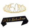 Picture of 50th Birthday Tiara and Sash Happy 50th Birthday Party Supplies 50 Fabulous Black Glitter Satin Sash and Crystal Tiara Princess Birthday Crown for Women 50th Birthday Party Decorations