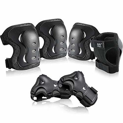 Picture of boruizhen Kids & Adult/Youth Knee and Elbow Pads with Wrist Guards 3 in 1 Protective Gear Set for Skateboarding Cycling BMX Bike Scooter Skating Rollerblading Riding (Black, Large (14 Years - Adult))