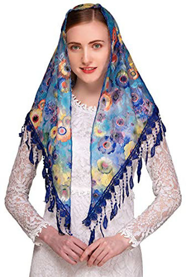 Picture of Pamor Mass Veil Triangle Mantilla Cathedral Head Covering Chapel Veil Lace Shawl Latin Scarf (Blue 2)