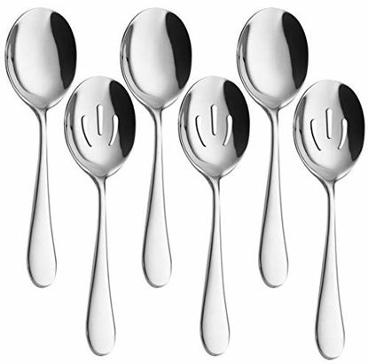 Picture of Serving Spoons x 3, Slotted Spoons x 3, AOOSY 8.7 inches Utility Advanced Performance Skimmer Perforated, 8 3/4" Stainless Steel Serving Spoons Set for Buffet Can Banquet Cooking Kitchen Basics