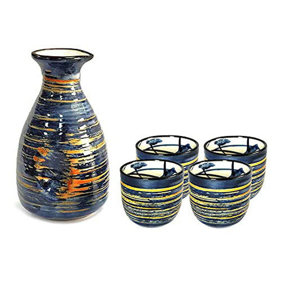 Picture of Sake Set Japanese Gifts 5 Pieces Traditional Japanese Sake Cup Set Hand Painted Design Porcelain Pottery Ceramic Cups Crafts Wine Glasses (Blue Rich, 300 ML)