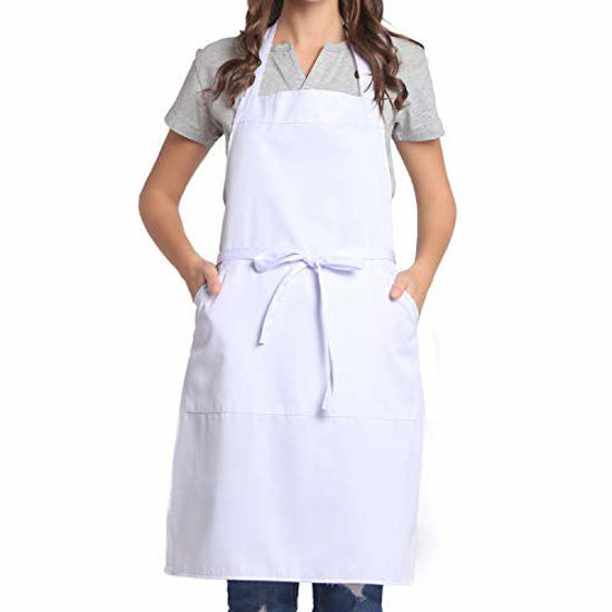 Picture of BIGHAS Adjustable Bib Apron with Pocket Extra Long Ties for Women Men, 18 Colors, Chef, Kitchen, Home, Restaurant, Cafe, Cooking, Baking (White)