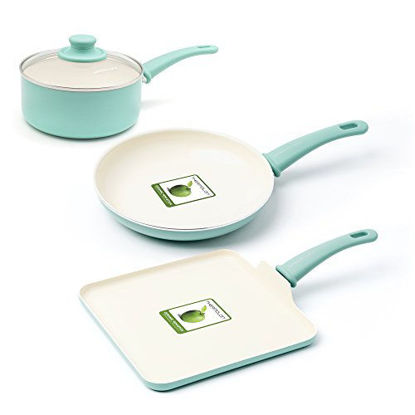 Picture of GreenLife Soft Grip Absolutely Toxin-Free Healthy Ceramic Nonstick Dishwasher/Oven Safe Stay Cool Handle Cookware Set, 4-Piece, Turquoise, CC000884-001, Mint