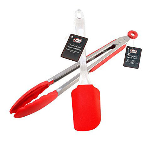 Picture of Silicone Tongs and Spatula Set - Non-Slip and Non-Stick Tongs, Silicone Tips and Locking Head - Non-Stick Flexible Silicone Spatula - Heat Resistant up to 428ºF. By Ai-De-Chef (2-Pack, Red)