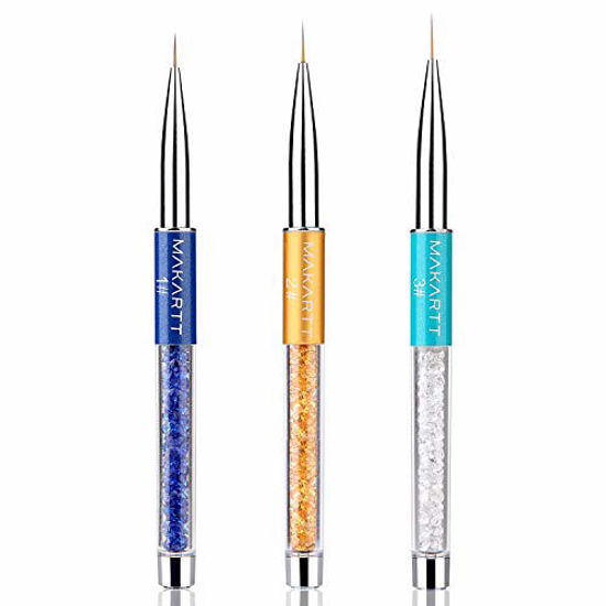 Picture of Makartt Nail Art Liner Brushes,3 PCs Gel Nail Brush Acrylic Nail Brush Gel Nail Polish Painting Brush Nail Art Design Brush Pen Set,Rhinestone Handle Nail Dotting Drawing Pen for Gel Nail Art 7/9/11mm