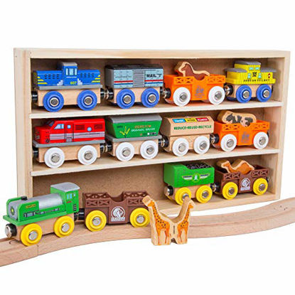 Picture of Orbrium Toys 12 (18 Pcs) Wooden Engines & Train Cars Collection with Animals, Farm Safari Zoo Wooden Animal Train Cars, Circus Wooden Train Compatible with Thomas, Brio, Chuggington