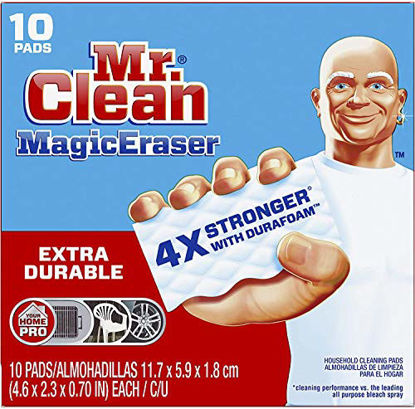 Picture of Mr. Clean Magic Eraser, Extra Durable, Shoe, Bathroom, and Shower Cleaner, Cleaning Pads with Durafoam, 10 Count