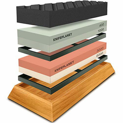 Picture of Premium Knife Sharpening Stone Set - 400/1000 and 3000/8000-Grit Professional, Safe Knife Sharpener Set - Whetstone Set Includes Flattening Stone, Bamboo Base, and 2 Nonslip Rubber Bases