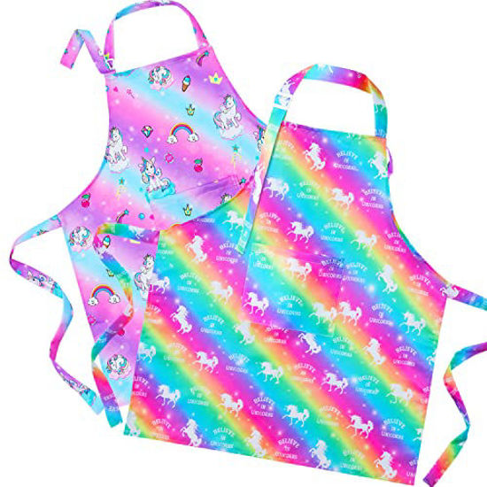 Picture of Sylfairy Aprons for Kids Girls Rainbow Unicorn Apron with Pockets for Children Kitchen Chef Aprons for Cooking Baking Painting and Party Family Gifts(Small,3-5Years)