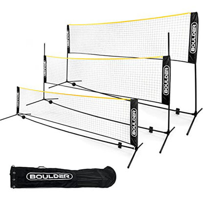 Picture of Boulder Badminton Pickleball Portable Net - Height Adjustable Net for Junior Tennis, Kids Volleyball & Soccer, and Backyard Games - Easy Setup Nylon Sports Net with Poles 10 ft/14ft/17ft Wide