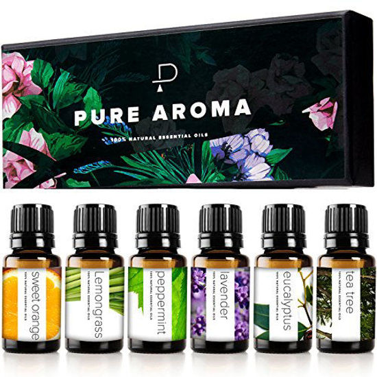 Picture of Essential Oils by PURE AROMA 100% Pure Therapeutic Grade Oils kit- Top 6 Aromatherapy Oils Gift Set-6 Pack, 10ML(Eucalyptus, Lavender, Lemon Grass, Orange, Peppermint, Tea Tree)