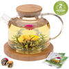 Picture of Teabloom Stovetop Safe Glass Teapot with Bamboo Lid (40oz/1200ml) + Loose Leaf Tea Filter Spout + 2 Blooming Teas + Large Bamboo Trivet/Coaster - Natural Flowering Tea Gift Set - Timeless Moments