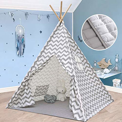 Picture of Tiny Land Kids Teepee Tent with Mat & Light String, Kids Foldable Play Tent for Indoor Outdoor, Grey Canvas Teepee, Portable Playhouse, Best Birthday Gift for Boy & Girl