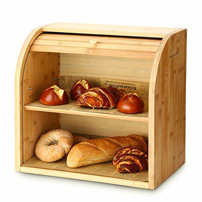 Picture of Bread Box, G.a HOMEFAVOR 2 Layer Bamboo Bread Boxes for Kitchen Food Storage, Large Capacity Bread Keeper Roll Top with Removable Layer, 15" x 9.8" x 14.2", 15 mm Thickness (Self-assembly)