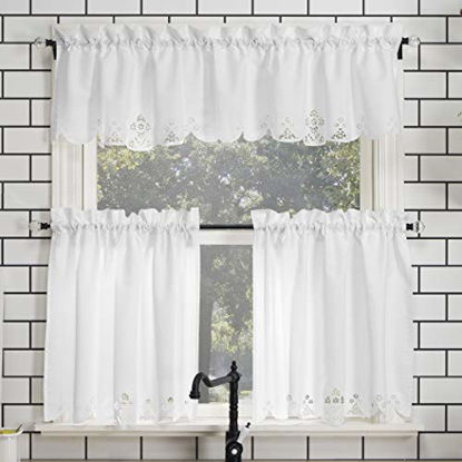 Picture of No. 918 Mariela Floral Trim Semi-Sheer Rod Pocket Kitchen Curtain Valance and Tiers Set, 58 in x 24 in (3 Piece), White