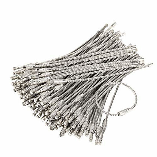 Picture of bayite Pack (100) Stainless Steel Wire Keychains Cable, Key Rings, Heavy Duty Luggage Tags Loops Tag Keepers 2mm Twist Barrel (Cable Length: 4.7 inches)