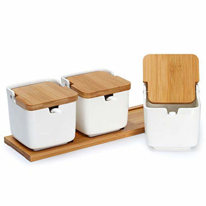 Picture of Porcelain Sugar Bowl Condiment Jar-Ceramic Spice Container with Flip Top Bamboo Lids and Spoons, Set of 3 Sugar Container, 9.1 FL OZ, for Kitchen Home