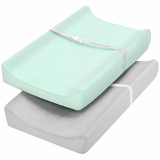 Picture of TILLYOU Jersey Knit Ultra Soft Changing Pad Cover Set, Unisex Diaper Change Table Sheets for Baby Boys Girls, Fit 32"/34''x16" Contoured Pad, Comfy Cozy 2-Pack Cradle Sheets, Lt Green & Lt Gray