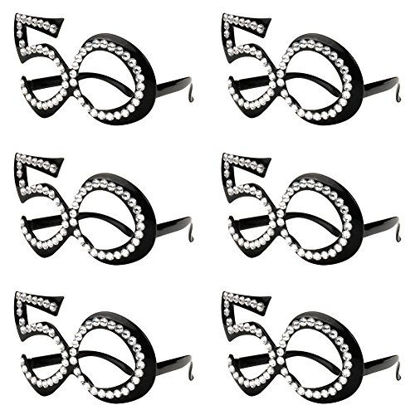 Picture of 50th Birthday Glasses - Number Crystal Frame, Party Favors, Wedding, Funny Costume Sunglasses, Novelty Eyewear Celebration Decoration for Kids and Adults 6 Pack (50)