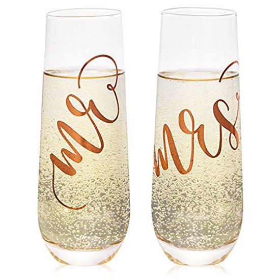 Picture of Mr and Mrs Champagne Flutes for Bride and Groom, Wedding, Engagement, Anniversary Glasses (Rose Gold, 9 oz)