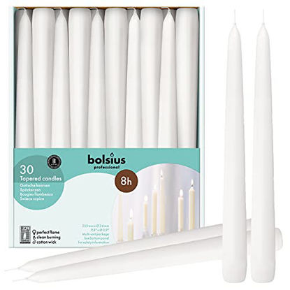 Picture of bolsius White Dinner Candles - Burning 7.5 Hours â Smokeless 10-inch Tall Burning Candles for Wedding, Holiday, Ceremonies and Home Decoration - Pack of 30 Household Dripless Candles