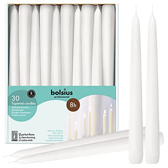 Picture of bolsius White Dinner Candles - Burning 7.5 Hours â Smokeless 10-inch Tall Burning Candles for Wedding, Holiday, Ceremonies and Home Decoration - Pack of 30 Household Dripless Candles