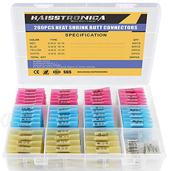 Picture of haisstronica 200PCS Marine Grade Heat Shrink Butt Connectors,26-10 Gauge Heat Shrink Wire Connectors-Tinned Red Copper Waterproof Wire Connectors-Insulated Electrical Wire Connectors(4Colors/4Sizes)