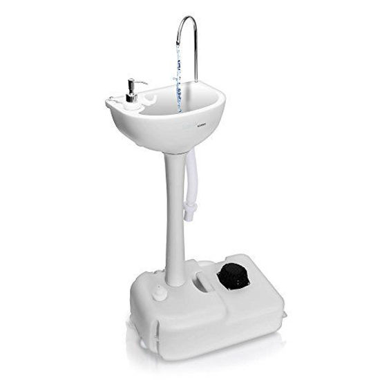 Picture of SereneLife Portable Camping Sink w/ Towel Holder & Soap Dispenser - 19L Water Capacity Hand Wash Basin Stand w/ Rolling Wheels - For Outdoor Events, Gatherings, Worksite & Camping - SLCASN18,White