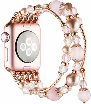 Picture of Simpeak Beaded Fashion Band Compatible with Apple Watch 41mm 40mm 38mm, Handmade Beaded Elastic Women Bracelet Replacement for iWatch Series 7 6 SE 5 4 3 2 1, Fixed Size 5.7-7 6.9, Rose Pink