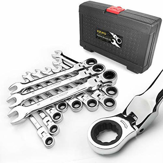 Picture of AZUNO 12-Piece Flex-head Ratcheting Wrench Set, Metric Ratchet Spanner Set 8-19mm, Chrome Vanadium Steel with Deluxe Case (12-Piece)